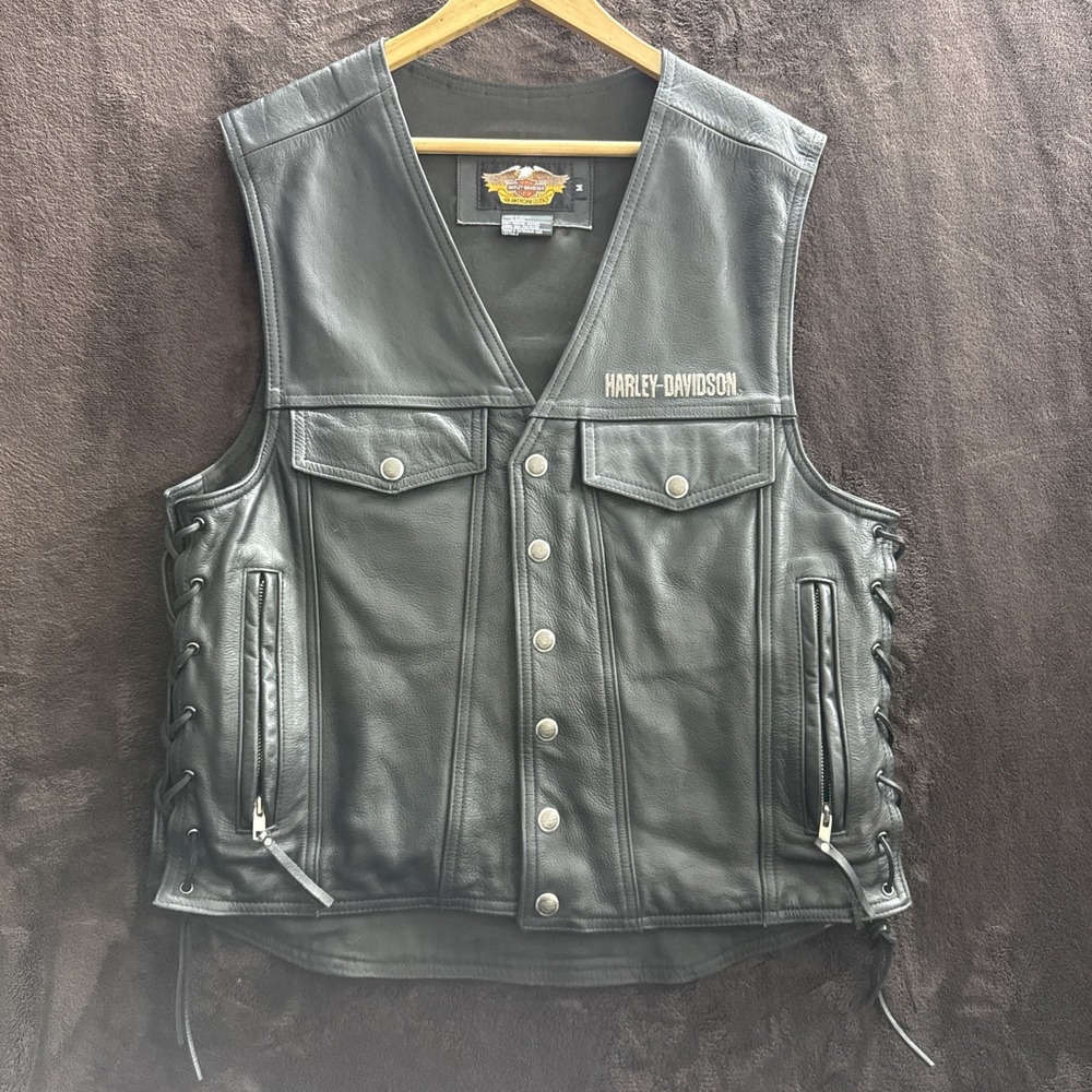 HARLEY DAVIDSON Black Leather Heavy Vest Mens M Snap Buttons Side Laces (1722)
